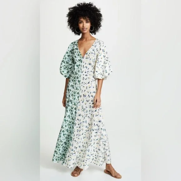 Lee Mathews Eloise Contrast Two-Tone Floral Maxi w/ Puff Sleeves - Picture 7 of 10